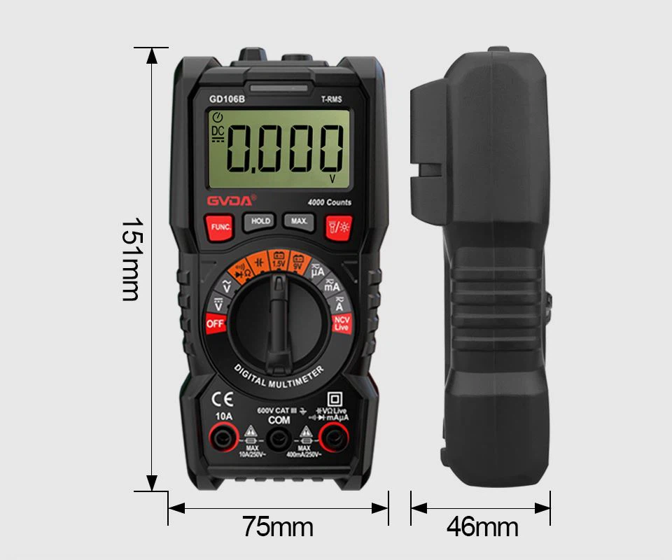 GVDA Professional True RMS Multimeter Digital Auto Range 600V 10A Z 40M Ohms ...